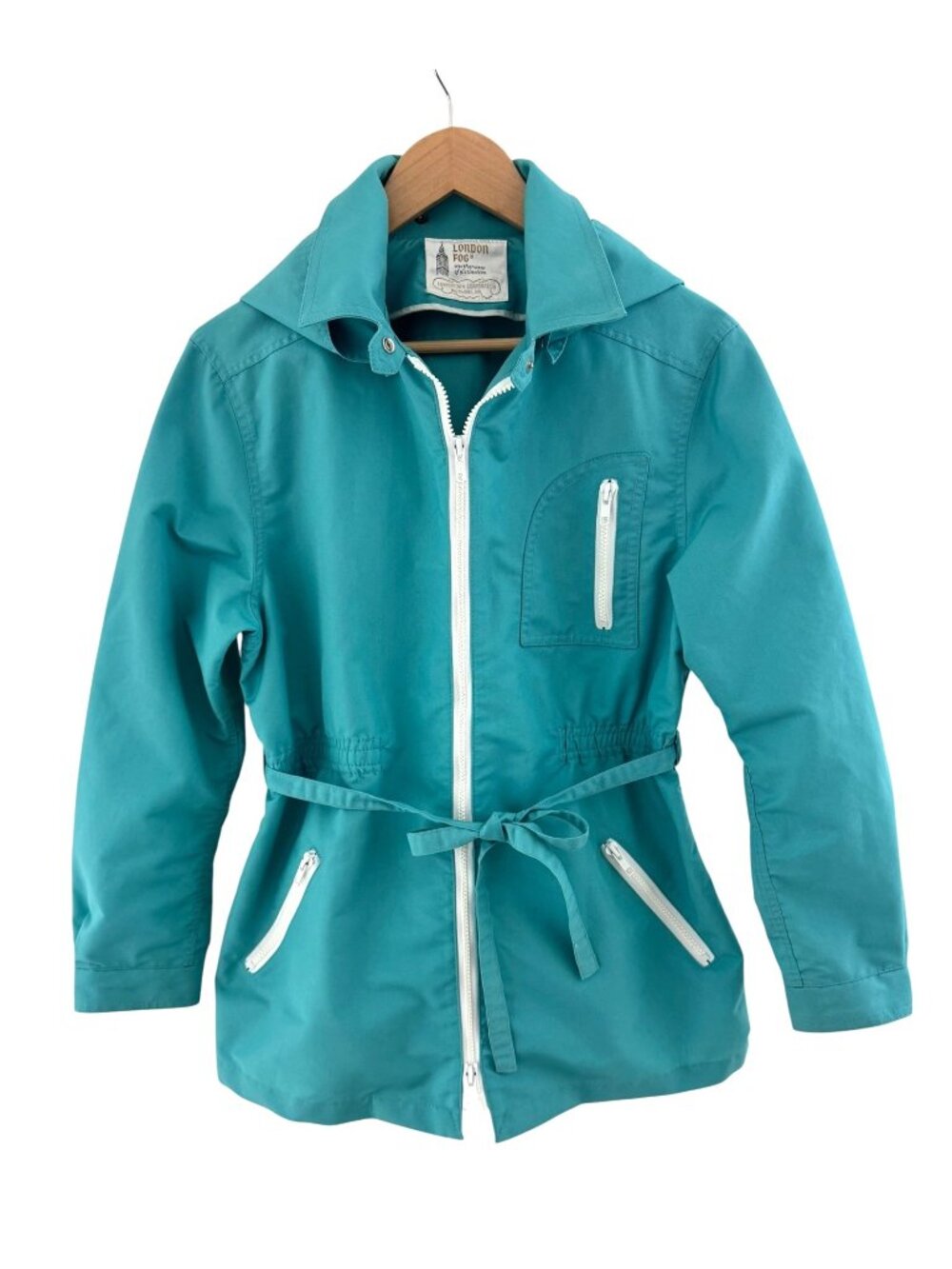 London Fog Vintage 70's Teal Jacket Zip Pockets Detachable Hood Tie Size 13/14 L - Picture 2 of 10